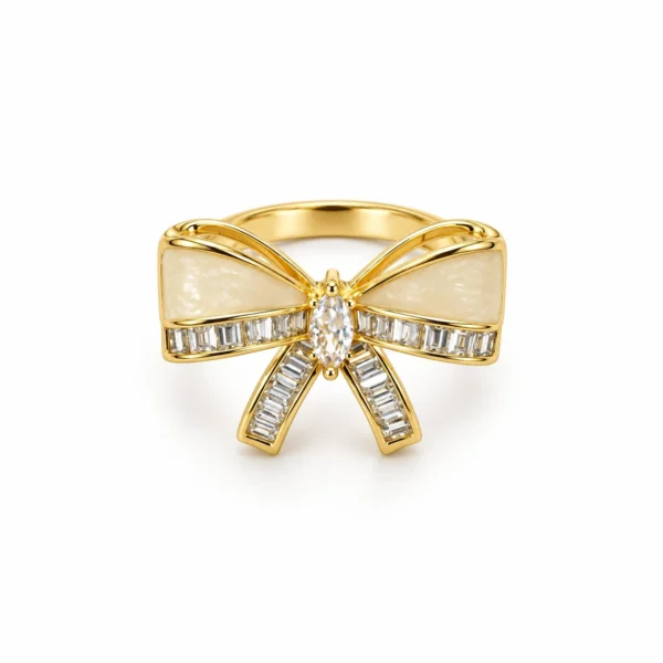 Korean Gold Zircon Bow White Enamel Adjustable Ring