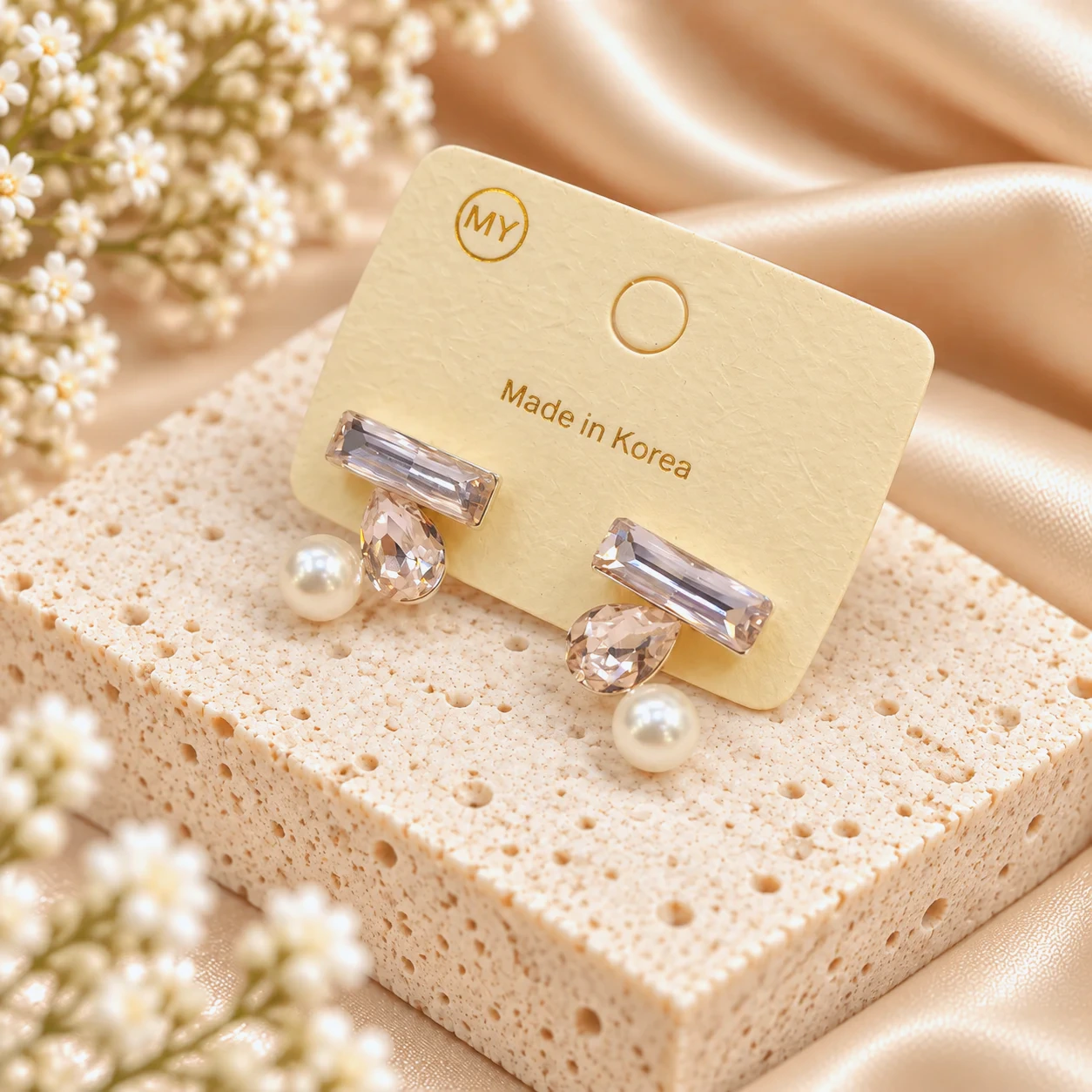 Korean Rose Pink Crystal Bar Pearl Drop Earrings, anti-tarnish silver plated earrings, made in Korea