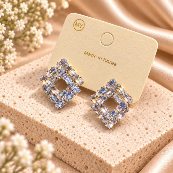 Korean Silver Baguette Crystal Square Stud Earrings, anti-tarnish silver plated earrings, made in Korea