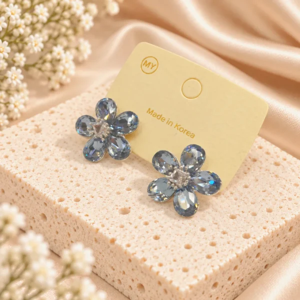 Korean Silver Blue Crystal Flower Stud Earrings, anti-tarnish silver plated earrings, made in Korea