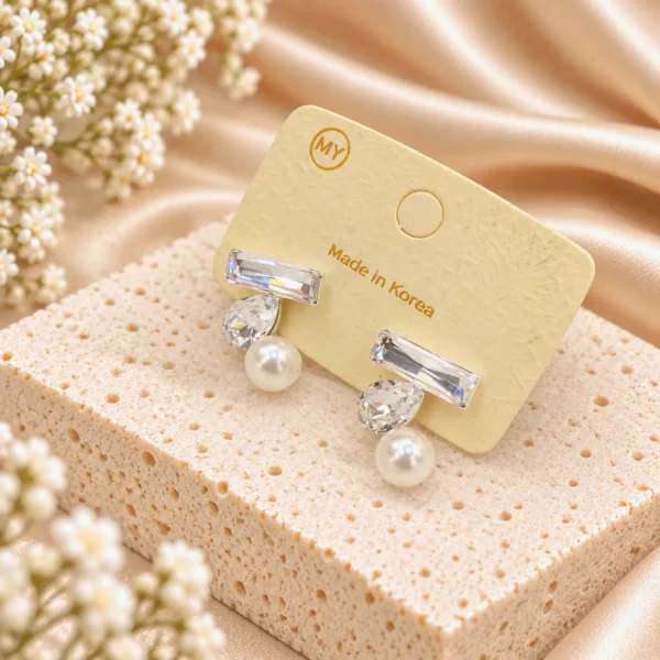 Korean Silver Clear Crystal Bar Pearl Drop Earrings, anti-tarnish silver plated earrings, made in Korea