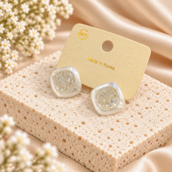 Korean Silver Frosted Square Crystal Stud Earrings, anti-tarnish silver plated earrings, made in Korea