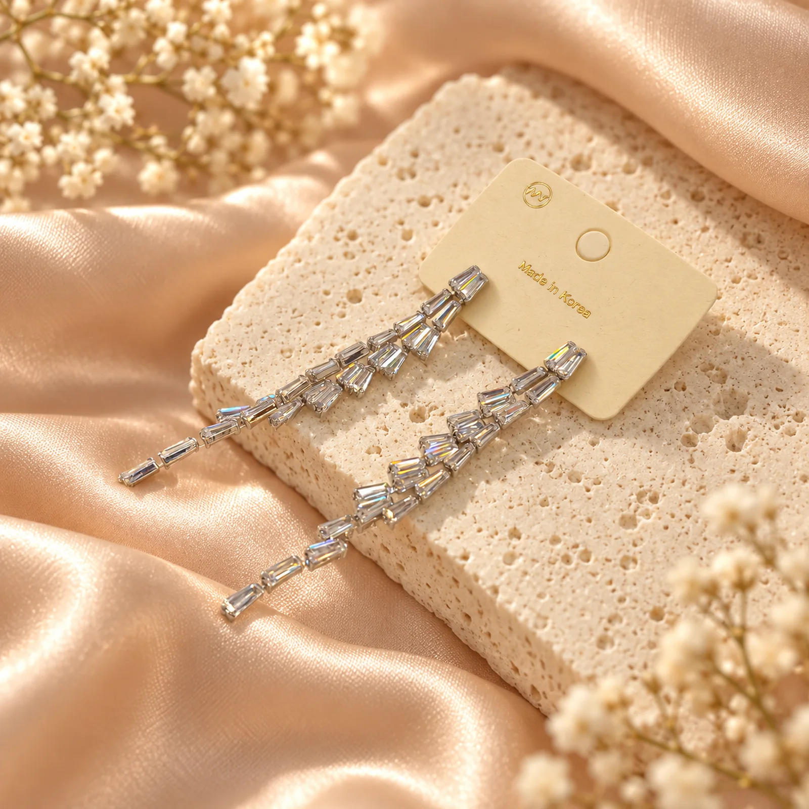 Korean Silver Hanging Baguette Zircon Cluster Tassel Earrings, anti-tarnish silver plated earrings, made in Korea