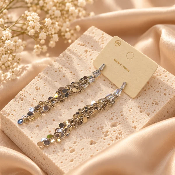 Korean Silver Hanging Mirror Sequin Tassel Earrings, anti-tarnish silver plated earrings, made in Korea