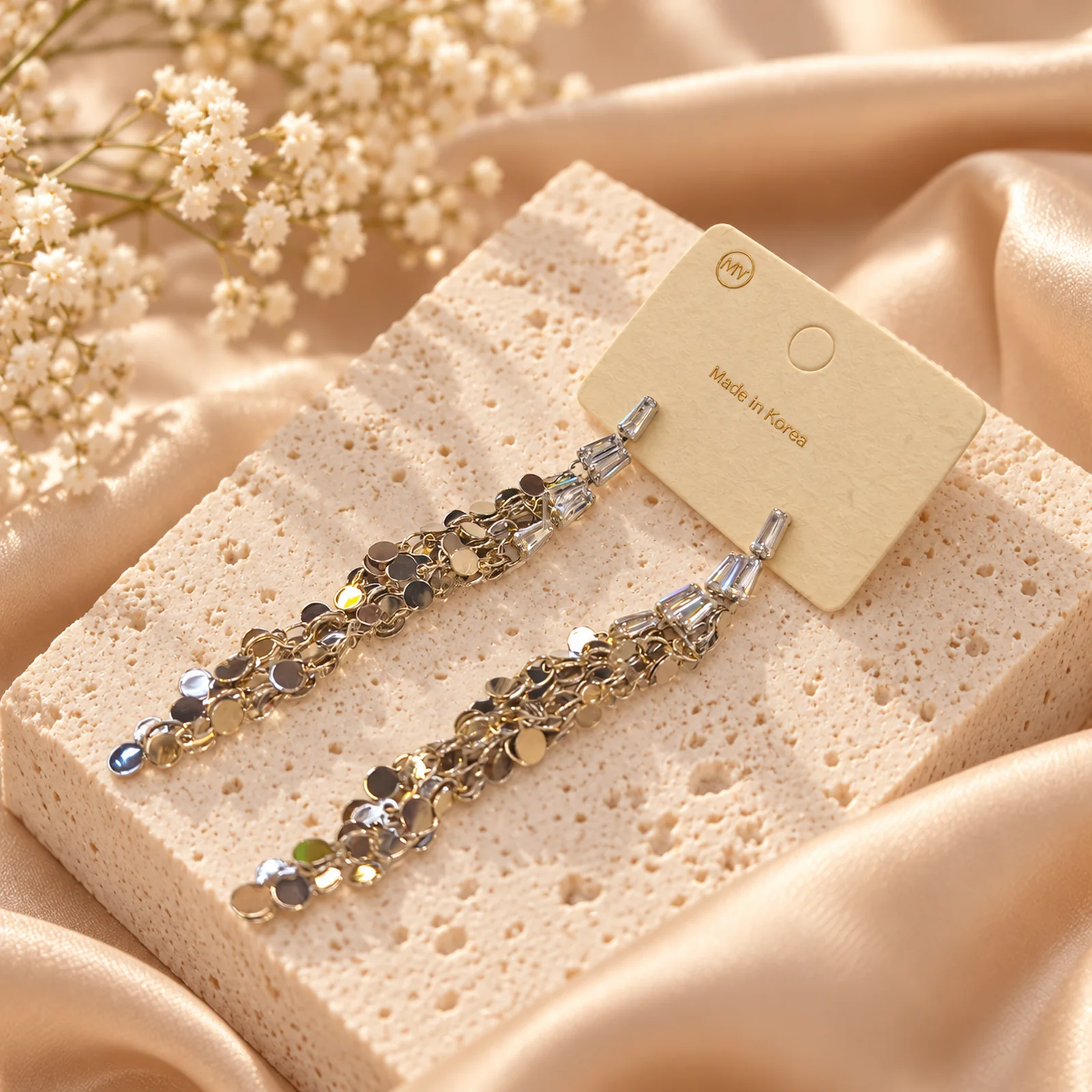 Korean Silver Hanging Mirror Sequin Tassel Earrings, anti-tarnish silver plated earrings, made in Korea
