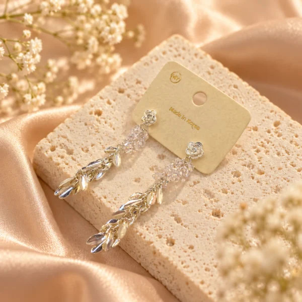 Korean Silver Hanging Rose Crystal Leaf Cluster Earrings, anti-tarnish silver plated earrings, made in Korea