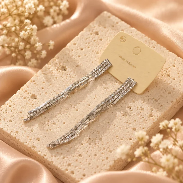 Korean Silver Hanging Zircon Chain Tassel Earrings, anti-tarnish silver plated earrings, made in Korea