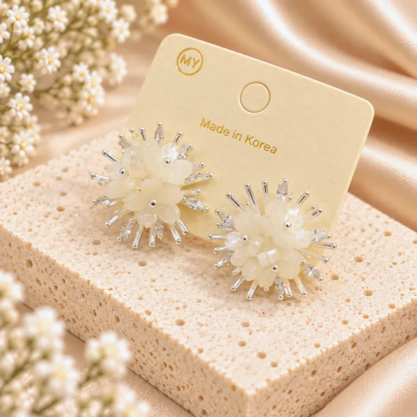 Korean Silver Ivory Crystal Burst Statement Earrings, anti-tarnish silver plated earrings, made in Korea