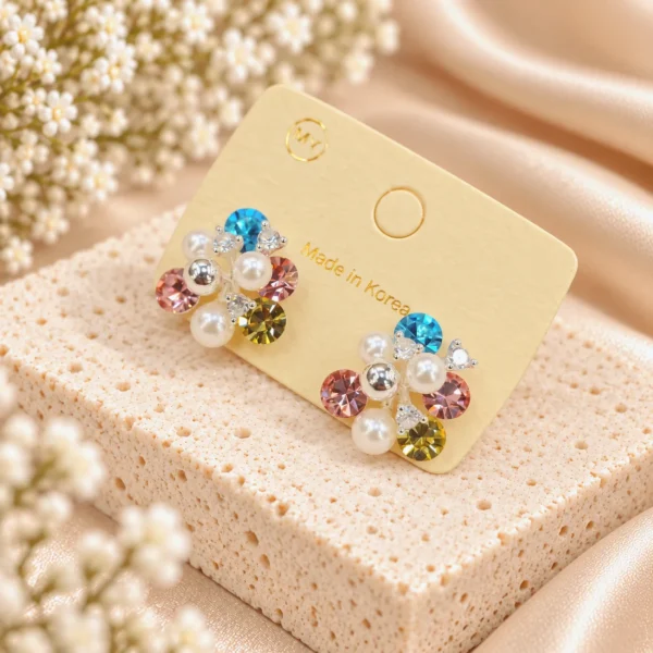 Korean Silver Multicolour Crystal Pearl Flower Stud Earrings
