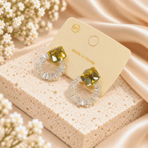 Korean Silver Olive Crystal Zircon Ring Stud Earrings, anti-tarnish silver plated earrings, made in Korea