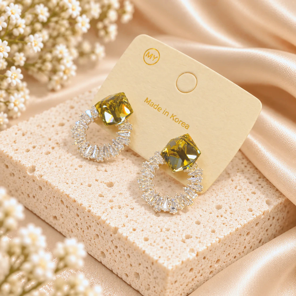 Korean Silver Olive Crystal Zircon Ring Stud Earrings, anti-tarnish silver plated earrings, made in Korea