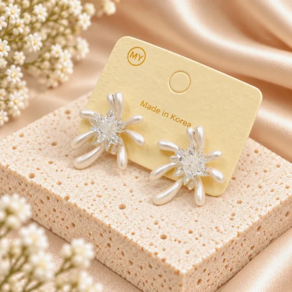 Korean Silver Pearl Petal Burst Flower Stud Earrings, anti-tarnish silver plated earrings, made in Korea