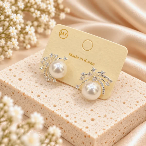 Korean Silver Pearl Sparkle Burst Stud Earrings
