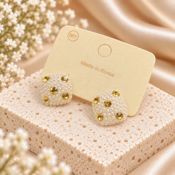 Korean Silver Pearl Yellow Crystal Square Stud Earrings, anti-tarnish silver plated earrings, made in Korea