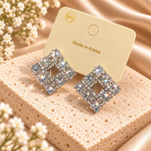 Korean Silver Sparkle Crystal Square Stud Earrings