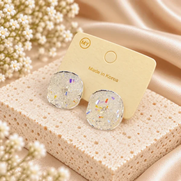 Korean Silver Square Aurora Crystal Stud Earrings, anti-tarnish silver plated earrings, made in Korea