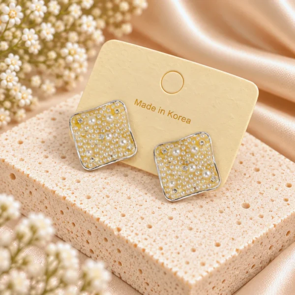 Korean Silver Square Pearl Cluster Stud Earrings, anti-tarnish silver plated earrings, made in Korea
