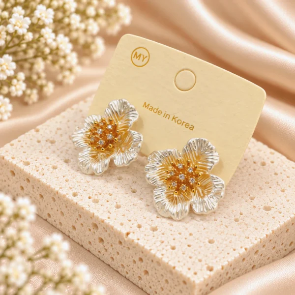Korean Two Tone Silver Gold Blossom Flower Stud Earrings, anti-tarnish gold and silver plated earrings, made in Korea