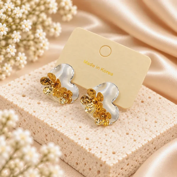 Korean Two Tone Silver Gold Heart Flower Stud Earrings, anti-tarnish gold and silver plated earrings, made in Korea